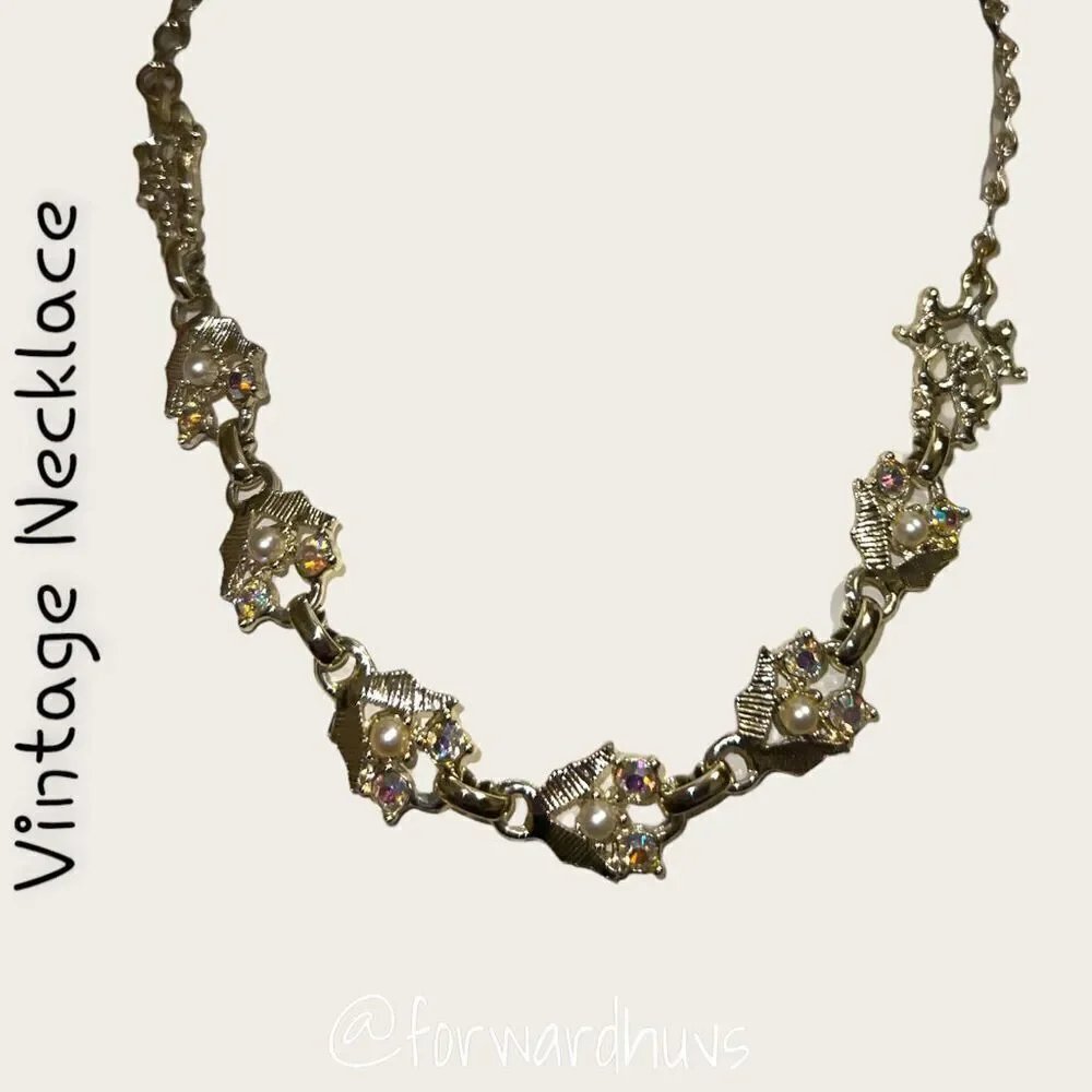 Vintage Silver Tone Necklace with Aurora Borealis and Faux Pearl Accents